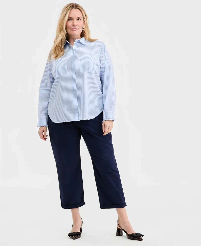 On 34th Trendy Plus Jenna Stripe Ruffle Trim Button-Front Shirt, Macy's Exclusive
