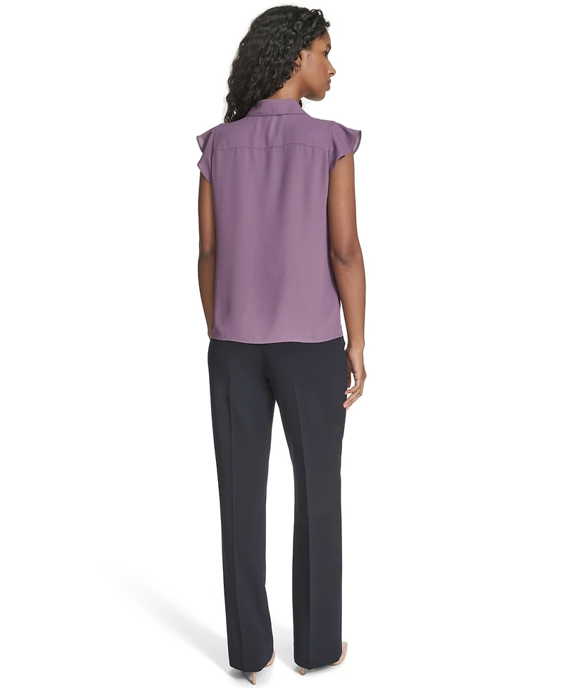Calvin Klein Petite Solid Cap Sleeve Ruffle Front Top