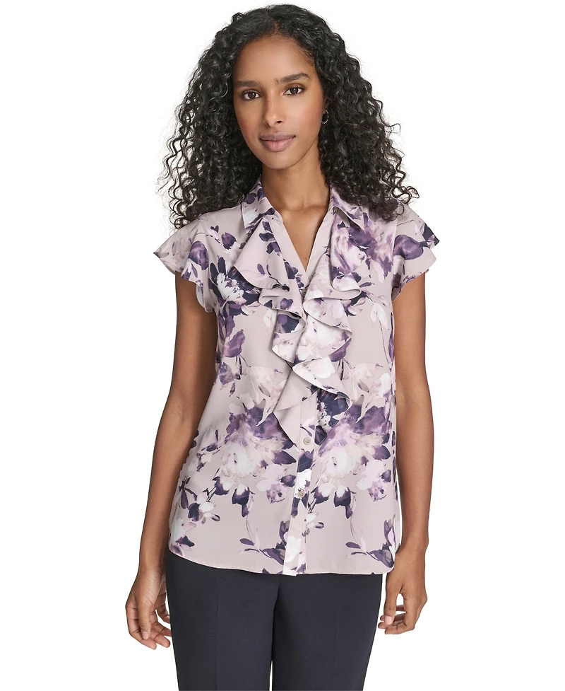 Calvin Klein Women's Printed Ruffle Detail Top