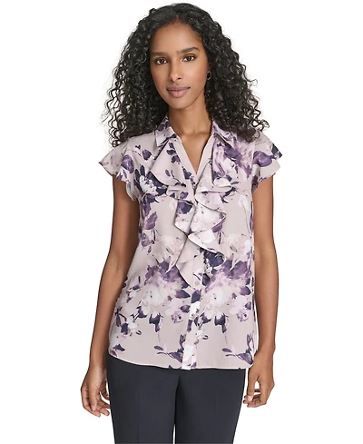 Calvin Klein Women's Printed Ruffle Detail Top
