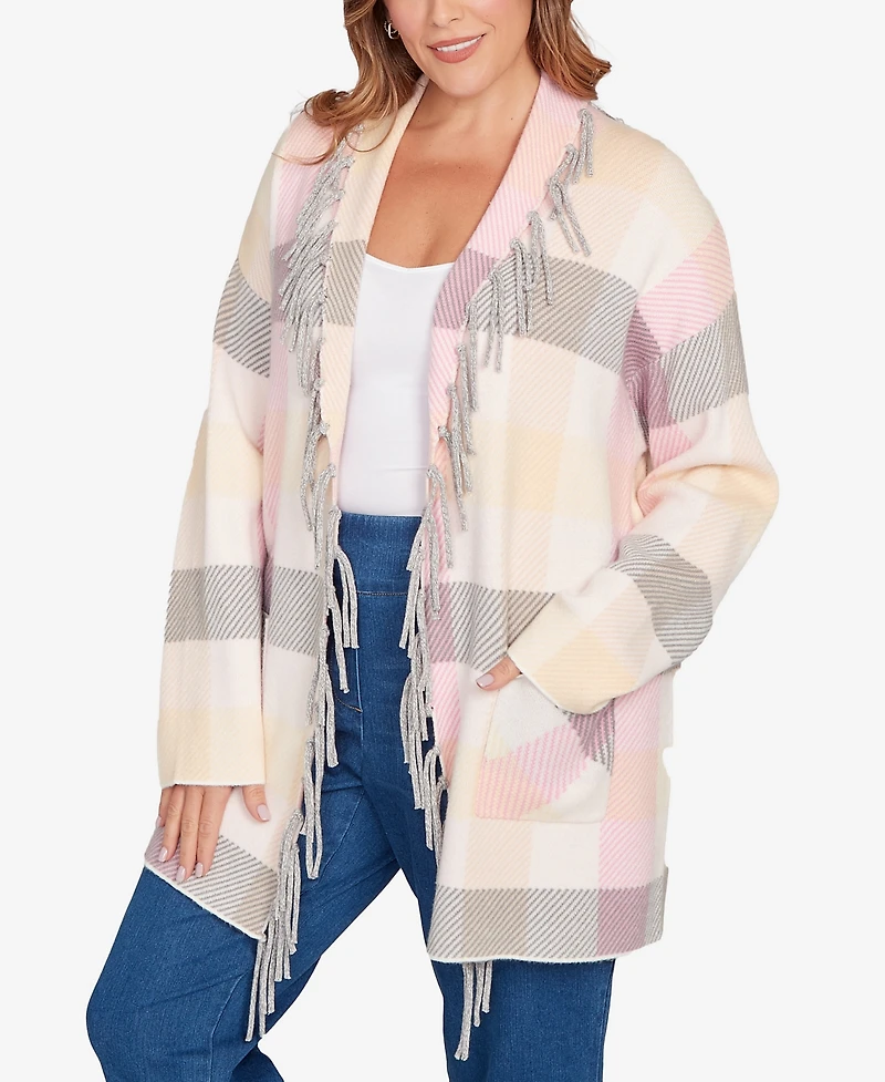 Ruby Rd. Plus Luxe Plaid Fringed Cardigan Sweater