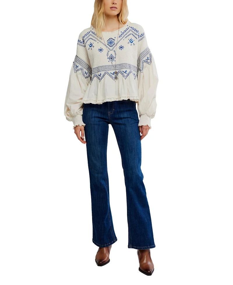 Free People Women's Holly Crewneck Geometric Embroidered Top