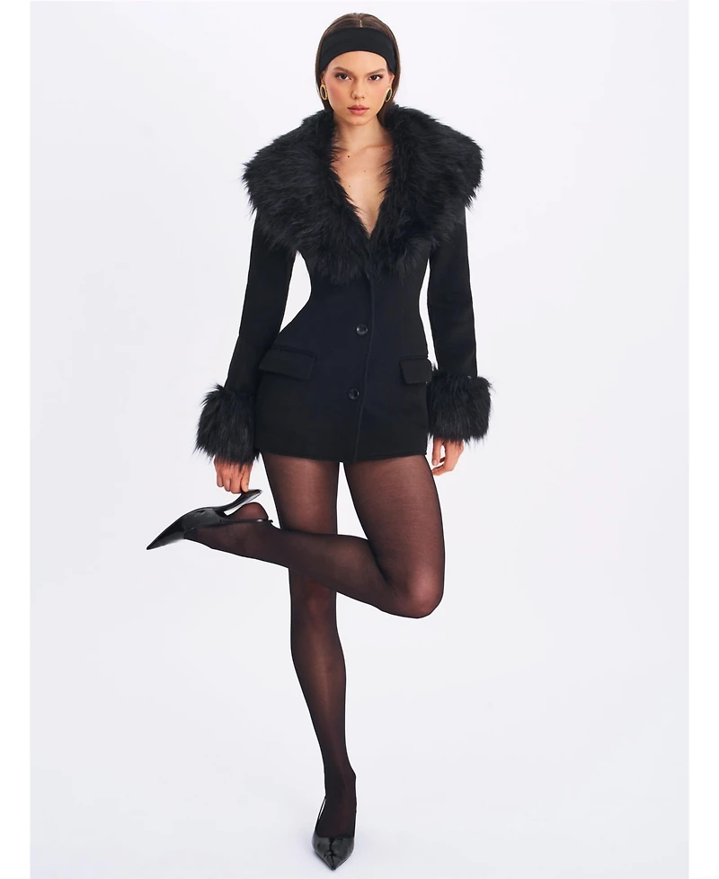 Miss Circle Women Hailee Black Single Breasted Wool Blend Mini Coat with Removable Fur Lapel