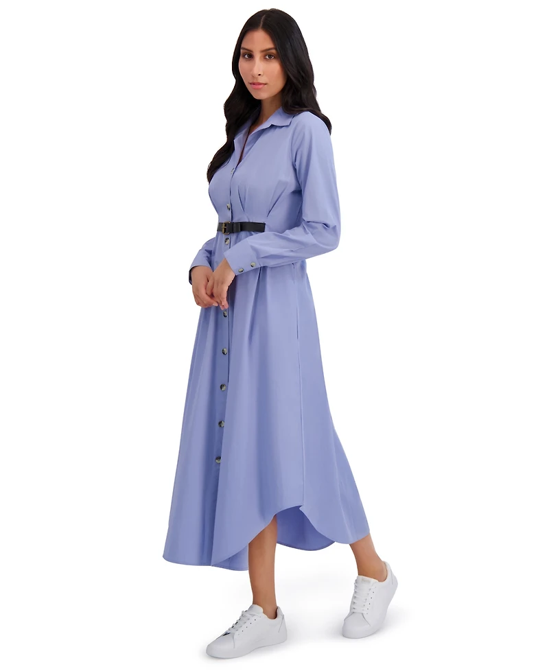 London Times Women's Collar Front Belted Shirt Dress