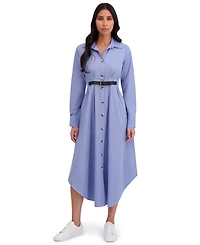 London Times Women's Collar Front Belted Shirt Dress
