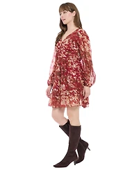 London Times Women's V-Neck Printed Flounce Dress