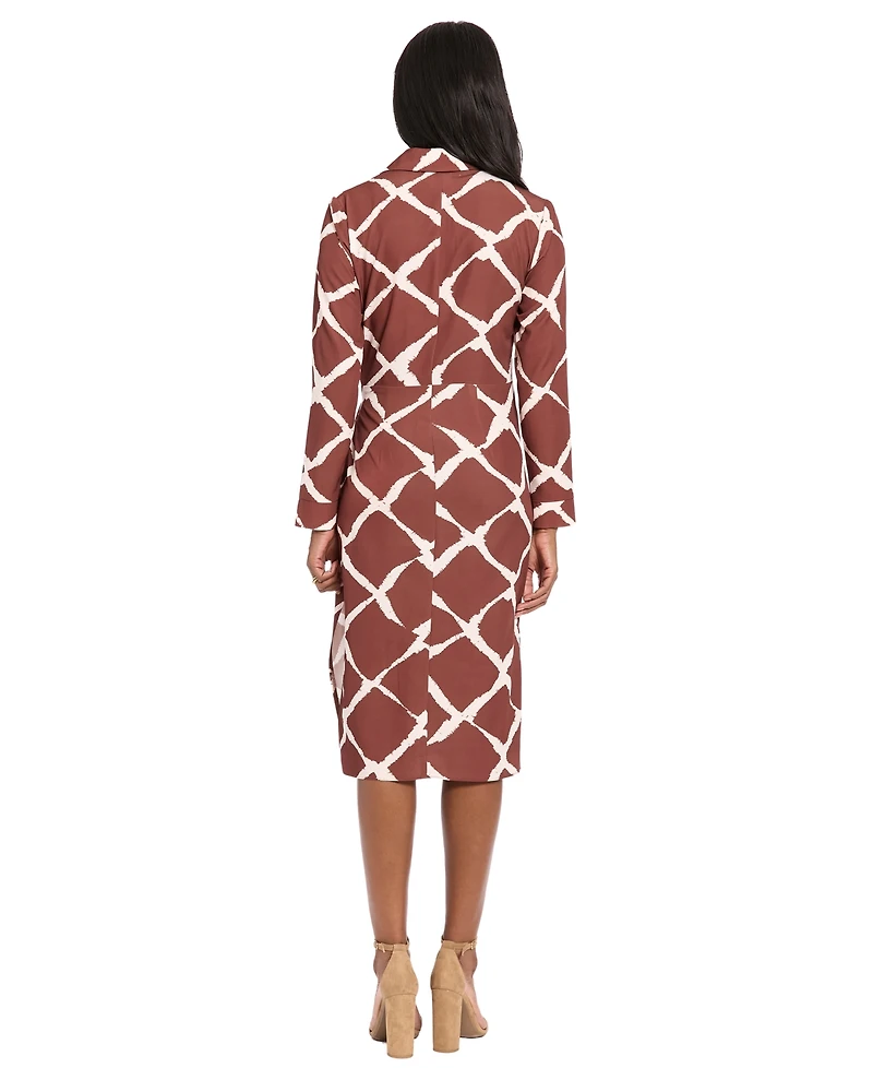 London Times Women's Collar Printed Side Tie Midi Dress