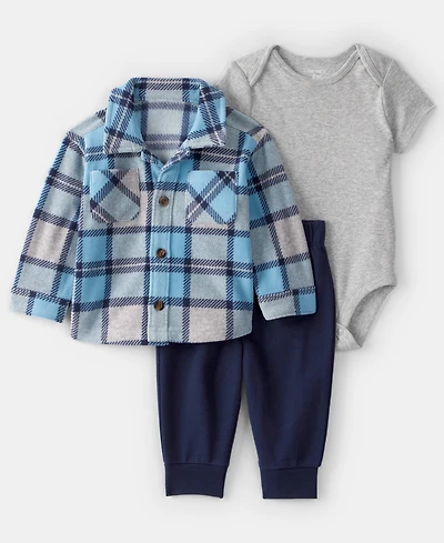 Carter's Baby Boys 3-Piece Plaid Long-Sleeve Shacket, Bodysuit and Pants Set