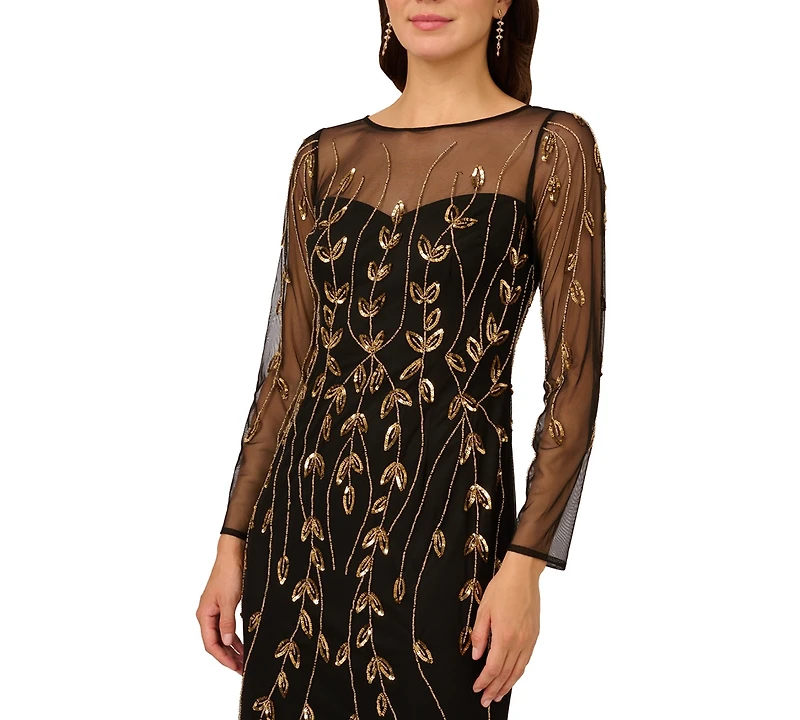Adrianna Papell Women's Beaded Long-Sleeve Dress