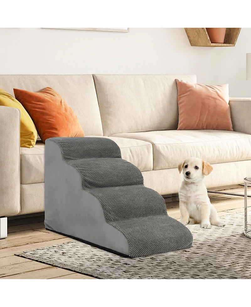 Gymax 4-Tier Foam Dog Ramp Non-Slip Dog Steps Soft Pet Stairs Ladder w/ brush for High Sofa Bed