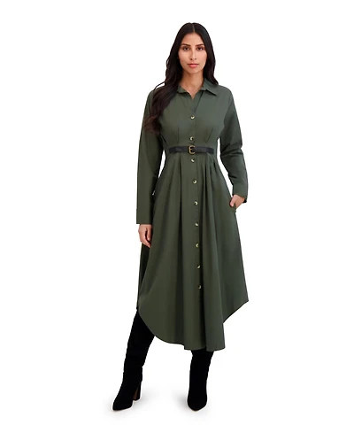 London Times Women's Collar Front Belted Shirt Dress