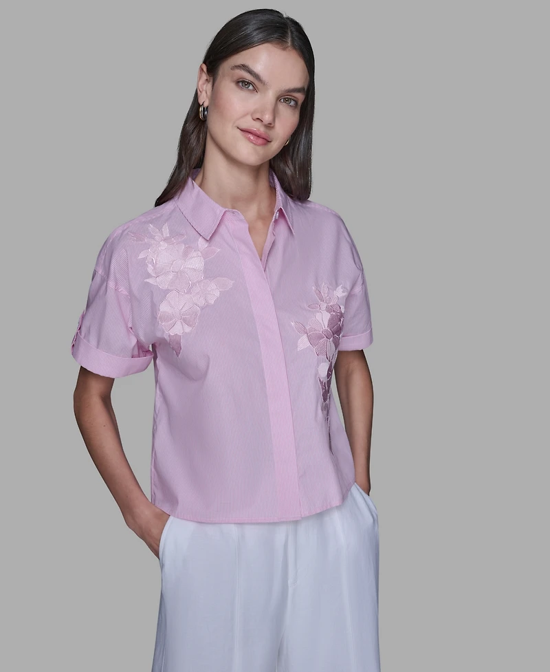 Karl Lagerfeld Paris Women's Striped Floral Detail Top