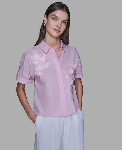 Karl Lagerfeld Paris Women's Striped Floral Detail Top