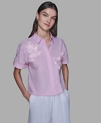 Karl Lagerfeld Paris Women's Striped Floral Detail Top