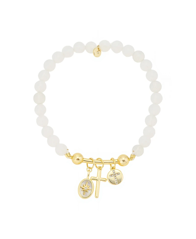 Unwritten Crystal Star Mother Of Cultivated Pearl Inlay, Cross, Crystal Cross Faux Opal Beads Stretch Bracelet