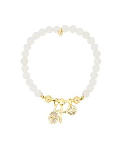 Unwritten Crystal Star Mother Of Cultivated Pearl Inlay, Cross, Crystal Cross Faux Opal Beads Stretch Bracelet