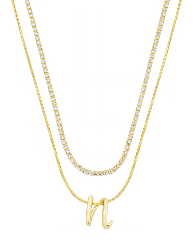 Unwritten Letter "N" Initial Snake Chain Cubic Zirconia Chain Necklace With Extender 2Pcs Set