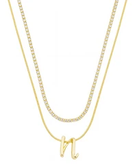 Unwritten Letter "N" Initial Snake Chain Cubic Zirconia Chain Necklace With Extender 2Pcs Set