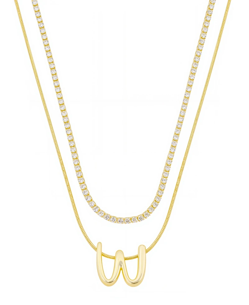 Unwritten Letter "W" Initial Snake Chain Cubic Zirconia Chain Necklace With Extender 2Pcs Set