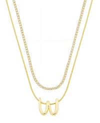 Unwritten Letter "W" Initial Snake Chain Cubic Zirconia Chain Necklace With Extender 2Pcs Set
