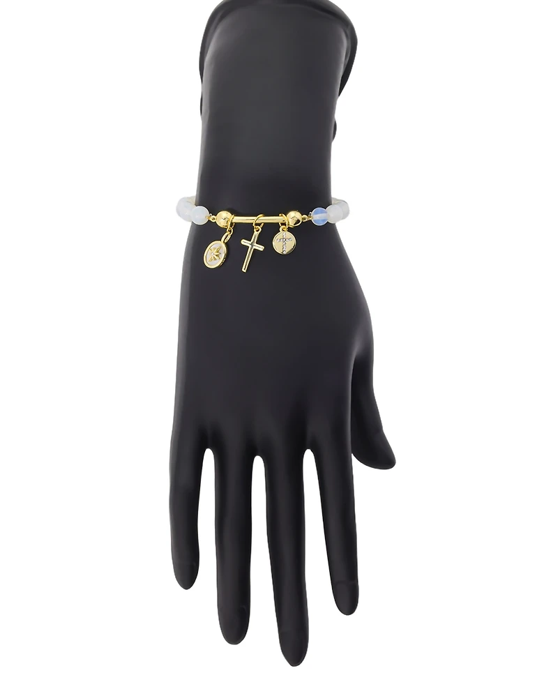 Unwritten Crystal Star Mother Of Cultivated Pearl Inlay, Cross, Crystal Cross Faux Opal Beads Stretch Bracelet