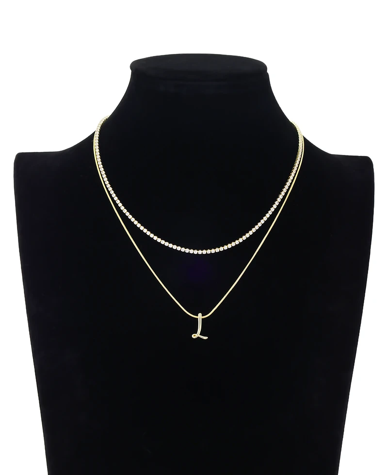 Unwritten Letter "L" Initial Snake Chain Cubic Zirconia Chain Necklace With Extender 2Pcs Set