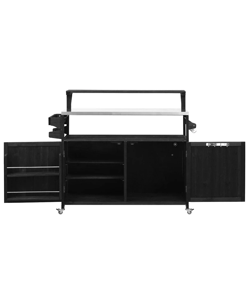 Streamdale Outdoor Kitchen Island, Wood Cabinet, Stainless Top, Rolling Grill Cart - Black