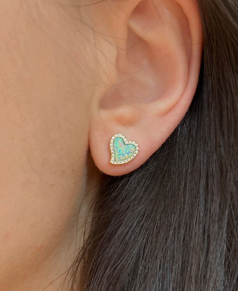 Kamaria Amore Heart Stud Earrings With Lab-Grown Opal 14k Gold Plated Sterling Silver