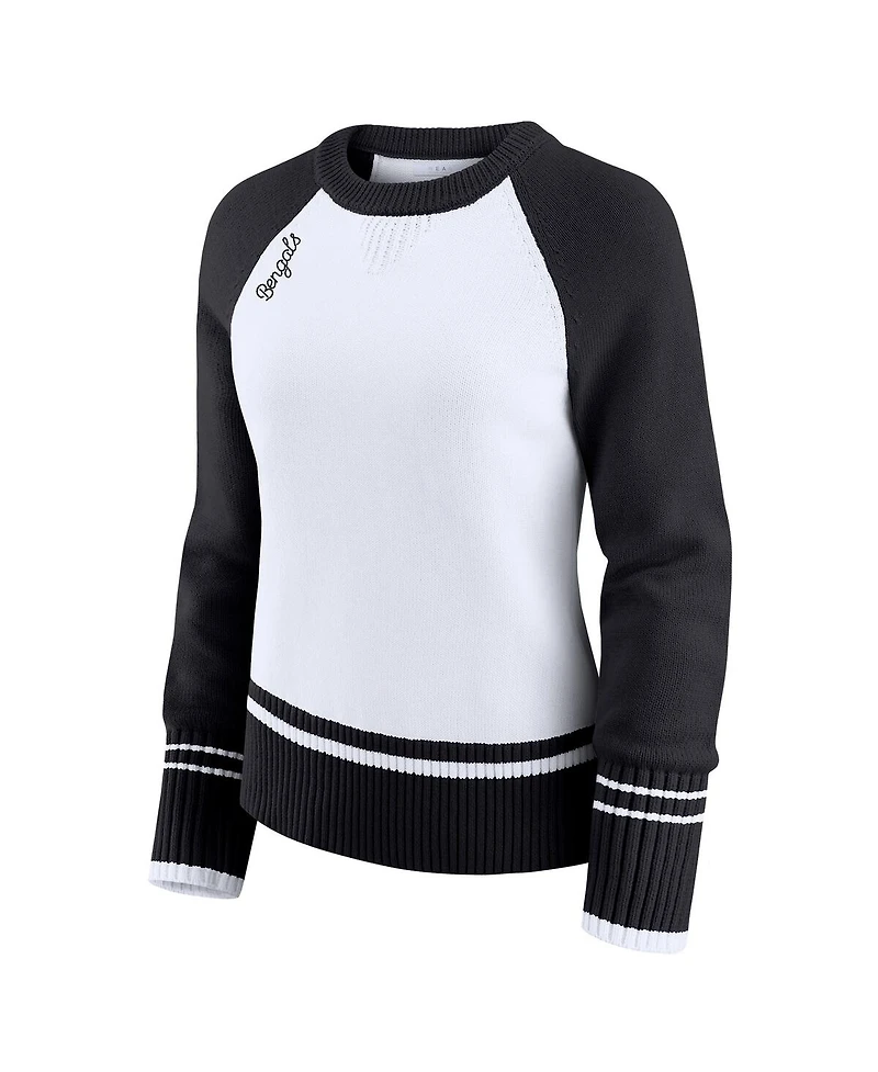Wear by Erin Andrews Women's White/Black Cincinnati Bengals Color Block Raglan Sweater