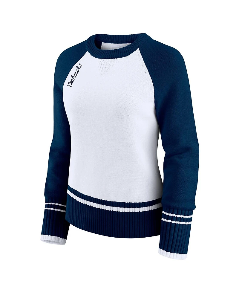 Wear by Erin Andrews Women's White/College Navy Seattle Seahawks Color Block Raglan Sweater