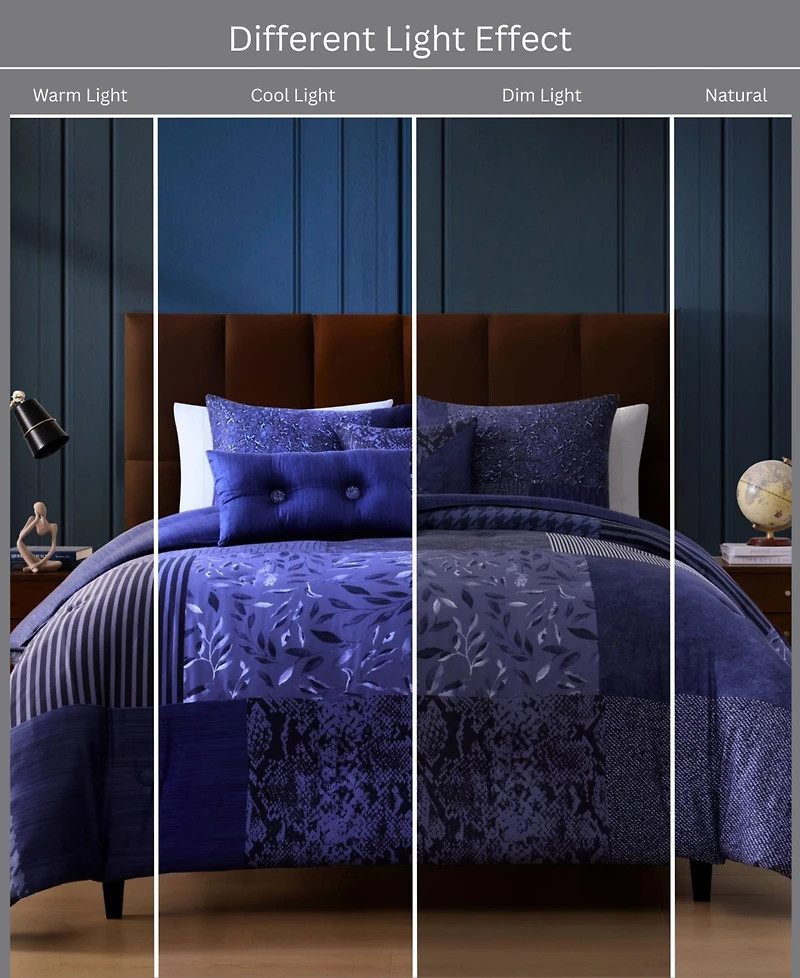 Bebejan Blue Denim Patchwork Bedding 100% Cotton Sateen 5 Piece King Size Reversible Comforter Set