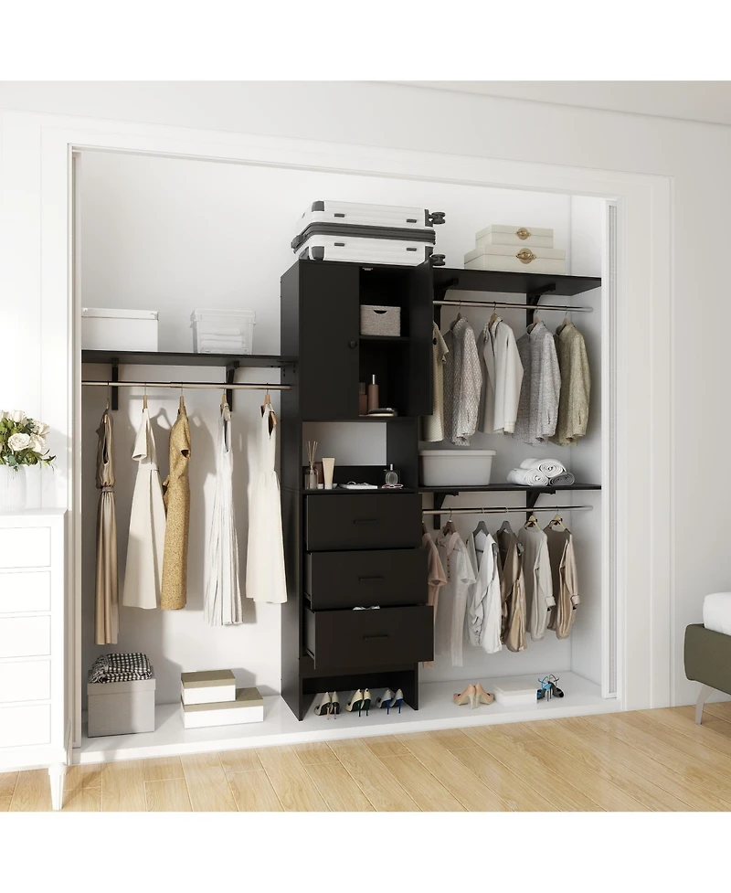 Aheaplus 96'' Closet Organizer System with 3 Wood Drawers, Shelving Towers & Hanging Rods, 8FT Doors