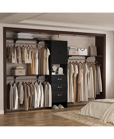 Aheaplus 10FT Closet System with 3 Drawers, 120'' Walk-in Organizer Shelving Towers and Hanging Rods