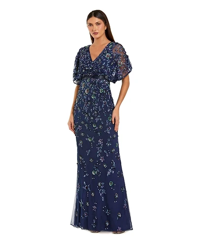 Mac Duggal Women's Floral Embellished Short Sleeve Blouson Gown