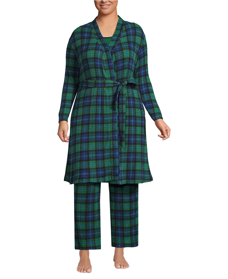 Lands' End Plus Brushed Cozy Waffle Jersey 3 Piece Pajama Set - Tank Top Pant and Robe