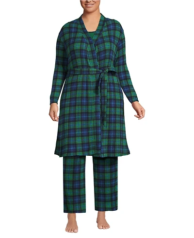 Lands' End Plus Brushed Cozy Waffle Jersey 3 Piece Pajama Set - Tank Top Pant and Robe