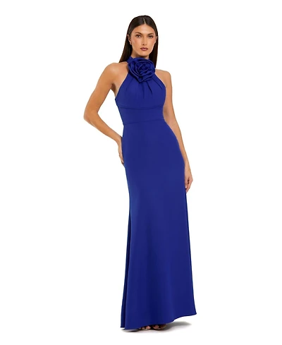 Mac Duggal Women's Halter Neck Crepe Column Floral Detail Gown