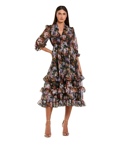 Mac Duggal Women's Chiffon 3/4 Sleeve A Line Midi Dress With Ruffles