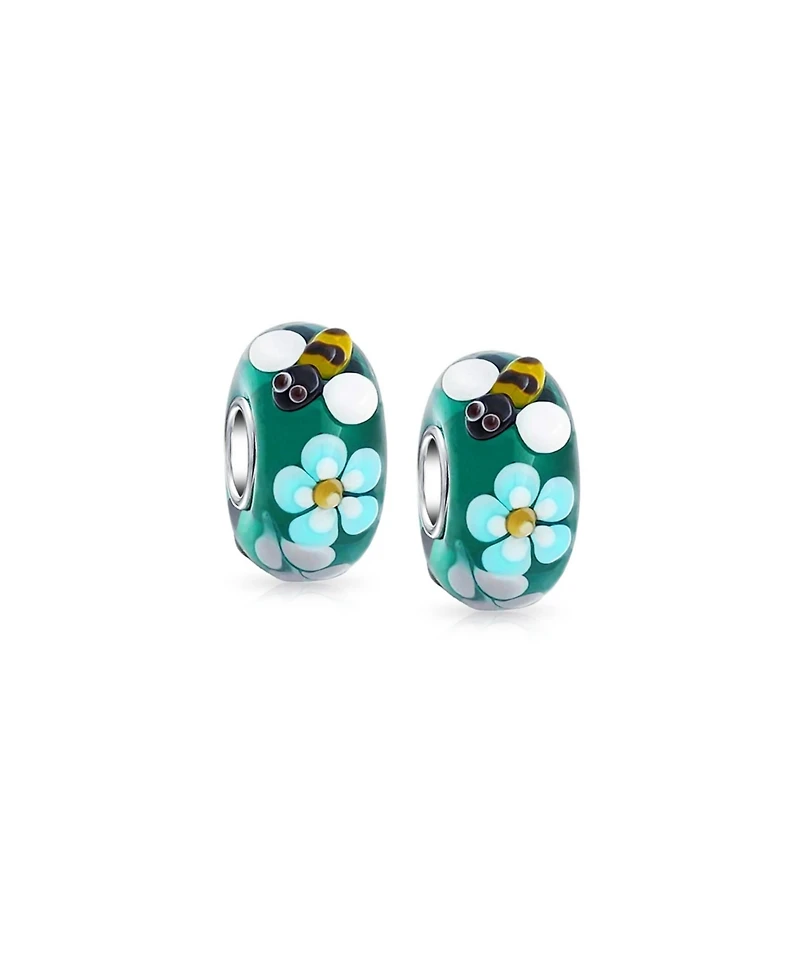 Bling Jewelry Set of 2 Teal Silver Bee Flower Murano Glass Charm Bead European Bracelets