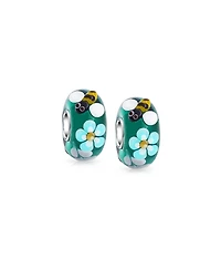 Bling Jewelry Set of 2 Teal Silver Bee Flower Murano Glass Charm Bead European Bracelets