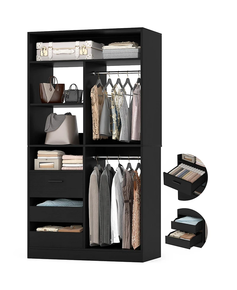 36'' Freestanding Walk-in Closet Organizer System with 3 Drawers, Heavy Duty 2 Hanging Rods & Shelves