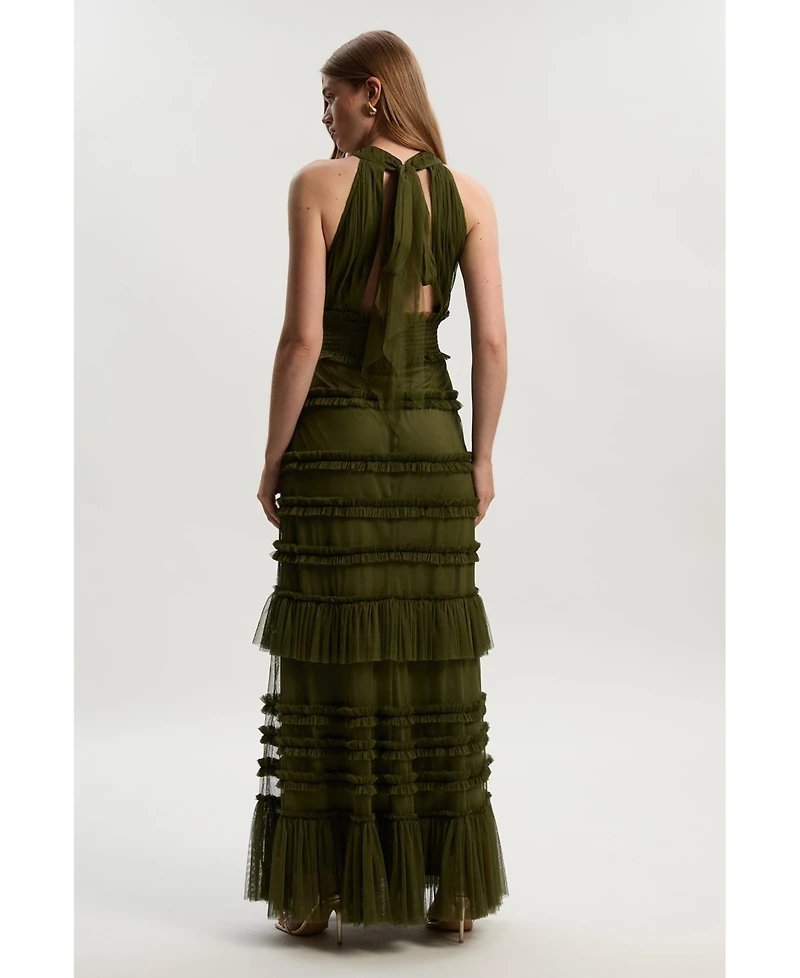 Karen Millen Women's Tulle Layered Halter Neck Maxi Dress