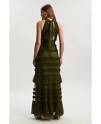 Karen Millen Women's Tulle Layered Halter Neck Maxi Dress