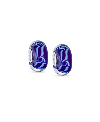 Bling Jewelry Set of 2 Glass Charm Bead Ocean Wave Swirl Murano Blue European Bracelet Silver Core