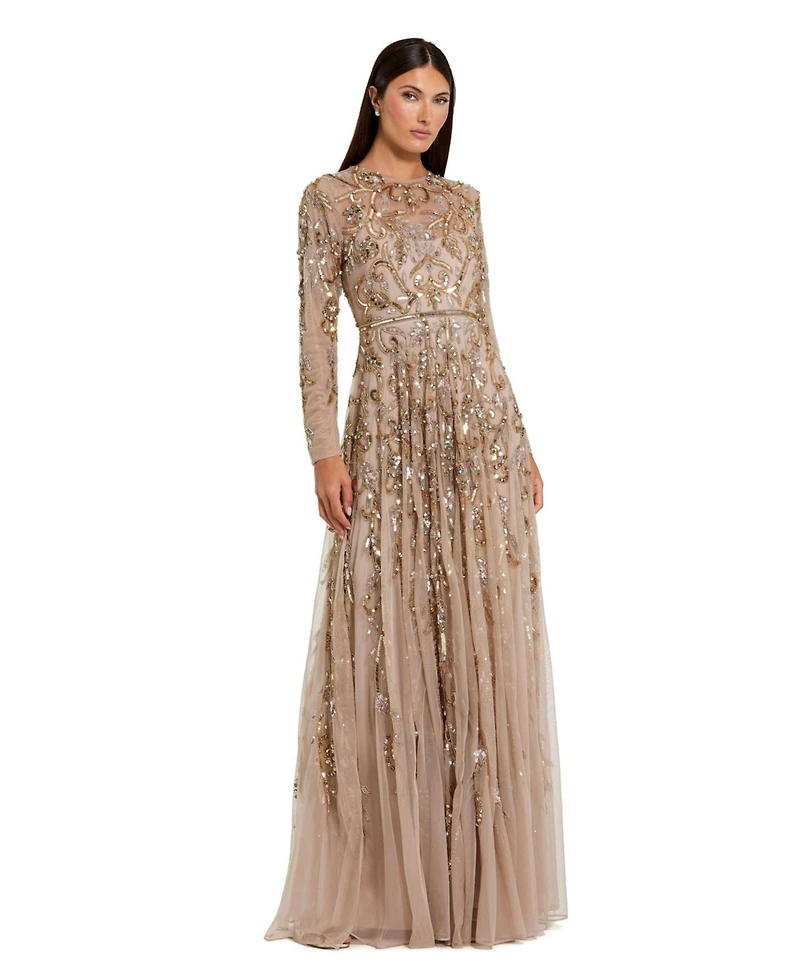 Mac Duggal Women's Long Sleeve Hand-Embellished Illusion Neckline Evening Gown