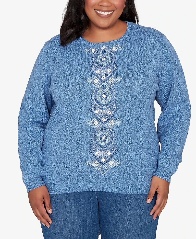 Alfred Dunner Plus Hilton Head Center Embroidery Accent Sweater