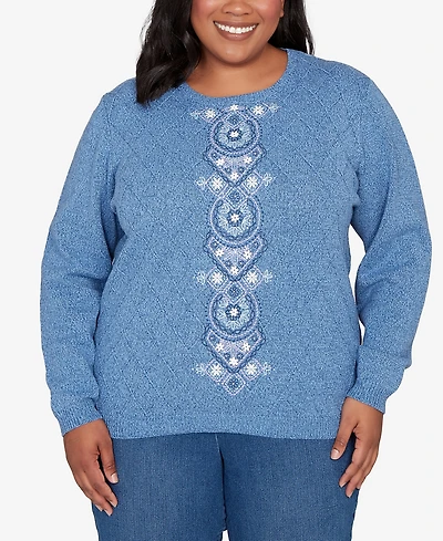 Alfred Dunner Plus Hilton Head Center Embroidery Accent Sweater