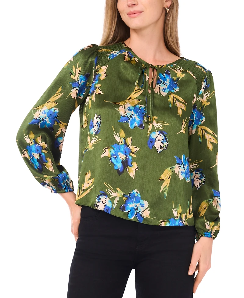 Sam & Jess Petite Long-Sleeve Ruched Shoulder Tie Top