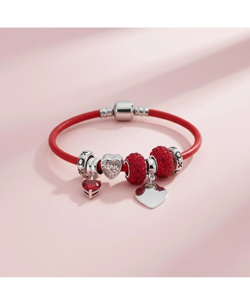 Bling Jewelry Initial Heart Lover Couples Valentine Bff Starter Beads Multi Charm Bracelet Red Leather For Women .925 Sterling Silver European Barrel