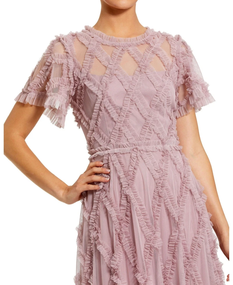 Mac Duggal Women's Mesh High Neck Short Sleeve Ruffle Maxi Dress